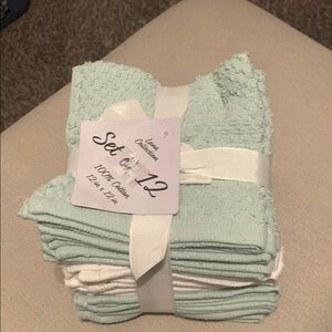 Set of 12 Mint Green and White Cotton Washcloths